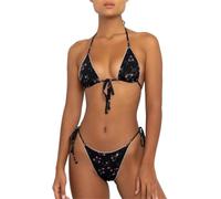 Aretas Schwarz Floral Bikini Damen Set Zweiteiliger Neckholder Triangel Sexy Tanga String Push Up Badeanzug Bademode Seitlicher Schnürung Brazilian Style Verstellbare