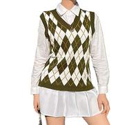 Argyle-Pullover-Weste für Damen, Y2k Plaid, Strick, Streetwear, adretter Stil, V-Ausschnitt, Crop-Strickware, Tanktop für Mädchen - Grün - Groß