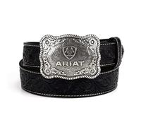 ARIAT Floral Embossed Leather Men's Belt w/Embossed Plate Buckle, Black, Size 46