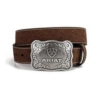 ARIAT Herren G rtel aus echtem Rindenleder mit floraler Pr gung mit antiker silberner Logo-Schnalle, Schwarz, 36