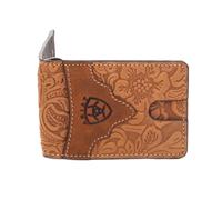 ARIAT Herren-Geldbörse aus echtem Leder mit Blumenprägung, doppelt gefaltete Geldklammer, Braun