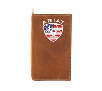 ARIAT Herren-Geldbörse aus Leder mit amerikanischer Flagge, Schild, Stickerei-Kollektion, Rodeo, Bifold, Trifold, Geldklammer, Gealterte Rinde, 6-3/4" x 3-3/4" 1/2", Rodeo