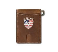 ARIAT Wallet Herren-Geldbörse aus Leder mit amerikanischer Flagge, Schild-Stickerei, Gealterte Rinde, 4-1/2" x 5" x 3/4", Faltbare Geldklammer