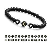 Armband Damen mit Buchstaben und Herz - Partnerarmbänder Freundschaftsarmband mit 6mm Naturstein Perlen Personalisierte Geschenke Armband Paare Mädchen bff Schwesterherz Mutter und Tochter (Schwarz-E)