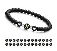 Armband Damen mit Buchstaben und Herz - Partnerarmbänder Freundschaftsarmband mit 6mm Naturstein Perlen Personalisierte Geschenke Armband Paare Mädchen bff Schwesterherz Mutter und Tochter (Schwarz-H)