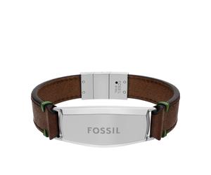 Armband FOSSIL "Schmuck Geschenk Edelstahl Leder Armschmuck Armkette Everett", braun, edelstahlfarben, grün, hellbraun, Armbänder, Damen, 21,5cm, Edelstahl Leder Textil, Edelstahl, Leder, Textil, Armb