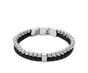 Armband FOSSIL "Schmuck Geschenk Edelstahl Leder Armschmuck JEWELRY", schwarz (edelstahlfarben, schwarz), Armbänder, Damen, 21,5cm, Edelstahl Leder, Edelstahl, Leder, Armband (34134969-0) edelstahlfar