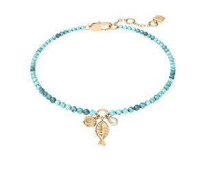 Armband FOSSIL "Schmuck Geschenk Metall Armschmuck Fisch Muschel Sutton", gelbgoldfarben, kristallweiß, weiß, türkis, kristallweiß, Armbänder, Damen, 19cm, Metall Nylon Perlen, Metall, Nylon, Perlen, 