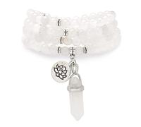 Armband-Halskette mit 108 natürlichen Mala-Gebetsperlen, Lotus-Anhänger und sechseckigem Prisma-Anhänger aus Reiki-Quarz (Weiße Jade (White Jade))