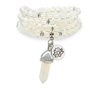 Armband-Halskette mit 108 natürlichen Mala-Gebetsperlen, Lotus-Anhänger und sechseckigem Prisma-Anhänger aus Reiki-Quarz (Opal)