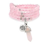 Armband-Halskette mit 108 natürlichen Mala-Gebetsperlen, Lotus-Anhänger und sechseckigem Prisma-Anhänger aus Reiki-Quarz (Rosenquarz (Rose Quartz))
