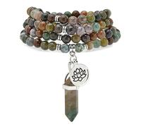 Armband-Halskette mit 108 natürlichen Mala-Gebetsperlen, Lotus-Anhänger und sechseckigem Prisma-Anhänger aus Reiki-Quarz