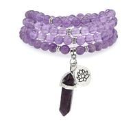 Armband-Halskette mit 108 natürlichen Mala-Gebetsperlen, Lotus-Anhänger und sechseckigem Prisma-Anhänger aus Reiki-Quarz (Amethyst)