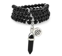 Armband-Halskette mit 108 natürlichen Mala-Gebetsperlen, Lotus-Anhänger und sechseckigem Prisma-Anhänger aus Reiki-Quarz (Schwarzer Achat (Black Agate))
