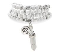 Armband-Halskette mit 108 natürlichen Mala-Gebetsperlen, Lotus-Anhänger und sechseckigem Prisma-Anhänger aus Reiki-Quarz (Howlith (Howlite))