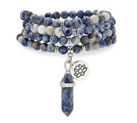 Armband-Halskette mit 108 natürlichen Mala-Gebetsperlen, Lotus-Anhänger und sechseckigem Prisma-Anhänger aus Reiki-Quarz (Sodalith (Sodalite))