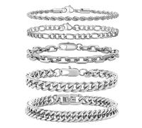 Armband Herren Silber Edelstahl 5 Stücke - Herrenarmbänder Panzerkette Figaro Gliederarmband Herren Armband Set für Jungs Männer Geschenk für Papa Sohn Bruder Ehemann 19/21/23 cm (Silber, 23 cm)