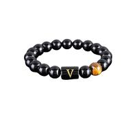 Armband Kristallarmband, Initialen 26 Buchstaben Armband natürliche schwarze Perle Tigerauge Stein Armband Kristall Yoga Chakra Armband Armband Stretch Armreifen for Frauen Männer ( Color : Letter V )