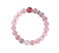 Armband mit rosa Katzenaugen- und Erdbeerquarz, einsträngig, handgefertigt mit natürlicher Jade-Perle, glatter 6-9 mm Edelstein für Frauen, stapelbar für Pendeln und Verabredungen, One Size, Rosa