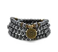 Armband oder Halskette aus 108 heilenden Mala-Perlen mit goldenem Lotus-Anhänger (Hämatit (Hematite))