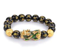 Armband, Piyao Armband aus natürlichem schwarzem Obsidian mit sechs Worten - Schutz- und Wohlstandssymbol nach Feng Shui eingraviertem Mantra-Stein for Damen Herren, 6,12 mm