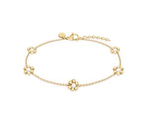 Armband S.OLIVER "Flower, Blüten-Design", gold (gelbgoldfarben, weiß), Armbänder, Damen, 21cm, Edelstahl Perlen, Edelstahl, Perlen, Armband, mit Perle (imitiert) (28015229-0) gelbgoldfarben, weiß