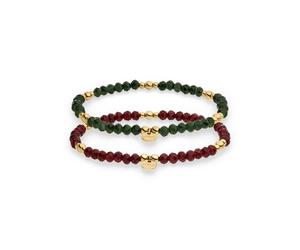 Armband Set S.OLIVER "Colorful Beads", bunt (gelbgoldfarben, oliv, burgund, oliv, burgund), Armbänder, Damen, 18cm, Edelstahl, mit Glasstein (35416412-0) gelbgoldfarben, oliv, burgund, oliv, burgund