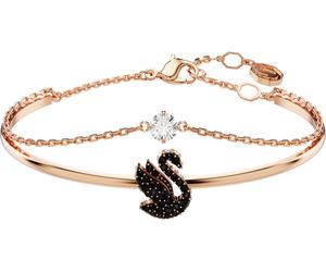 Armreif SWAROVSKI "Swarovski Iconic Swan" Gr. M, schwarz (roségoldfarben, kristallweiß, schwarz, kristallweiß, schwarz), Armbänder, Damen, M, Metall, Armreif, mit Swarovski Kristall und Emaille (17548