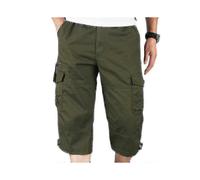 (Army Green,L)Mens 3/4 Long Length Elasticated Shorts Waist Cargo Combat Three Quarter Pants