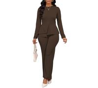 Aro Lora 2-teiliges Damen-Outfit, leger, langärmelig, unregelmäßiger Saum, Schlitz, Oberteil, Hosen-Set, elegante Hosenanzüge, Braun, X-Groß