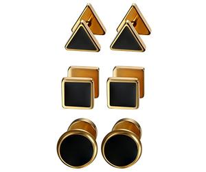 Aroncent 3 Paare Herren Ohrstecker Set Edelstahl Emaille Runde Dreieck Quadrat Fakeplugs Fake Ohr-Plug Ohrringe Tunnel Piercing Rosegold Schwarz