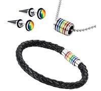 Aroncent Armband Halskette Ohrringe Schmuck Set, Edelstahl Regenbogen Rainbow Charms, Geflochten Leder Armband Armreif, Kette mit Anhänger, Kugel Kreis Spike Ohrstecker