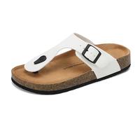 ARRIGO BELLO Damen Zehentrenner Pantoletten Natur Kork Leder Flip Flops Leicht Rutschfest Sommer Slip On Flach Sandalen Verstellbare Schnalle EU 36-46(D-weiß,36)