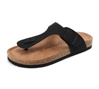 ARRIGO BELLO Damen Zehentrenner Pantoletten Natur Kork Leder Flip Flops Leicht Rutschfest Sommer Slip On Flach Sandalen Verstellbare Schnalle EU 36-46(D-Schwarz,38)