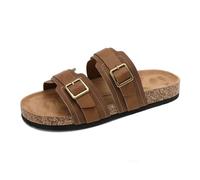 ARRIGO BELLO Sandalen Herren Kork Fußbett Pantoletten Leder Schlappen Verstellbarer Latschen Schnallenriemen Klettverschluss Sommer Hausschuhe Braun EU46