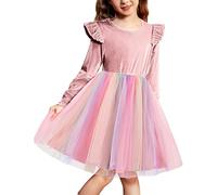 Arshiner Festliches Kleid Mädchen Samtkleid Rosa Festkleid Kleine Kinder Tüllkleid Winter Langarmkleid Hochzeit Prinzessin Partykleid Weihnachtskleider 120/5-6 Jahre