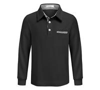 Arshiner Jungen Polohemd Langarm Kinder Poloshirt, Schule Elegant Herbst Oberteil, Weiches Elastisches Shirt mit Knopfleiste & Brusttasche Schwarz, 7-8 Jahre