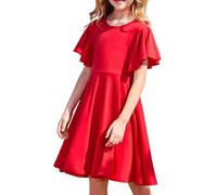 Arshiner Kinder Sommerkleid Mädchen Kurzarm Kleid Festlicheskleid A-Line Skaterkleid Freizeitkleid Prinzessinkleid Weihnachten Rot Kinderkleider mit Tasche 160-13Jahre