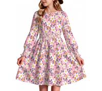 Arshiner Kleid Mädchen Langarm Gesmockte Taille A-Linie Kinder Kleider | Elastische Bündchen; Rundhalsausschnitt; Weicher Baumwollmix; Bequemer Schnitt; Herbstkleid für Schule Alltag; 6-14 Jahren