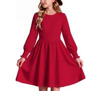 Arshiner Kleid Mädchen Langarm Gesmockte Taille A-Linie Kinder Kleider | Elastische Bündchen; Rundhalsausschnitt; Weicher Baumwollmix; Bequemer Schnitt; Herbstkleid für Schule Alltag; 6-14 Jahren