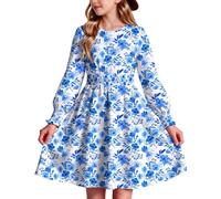 Arshiner Kleid Mädchen Langarm Gesmockte Taille A-Linie Kinder Kleider | Elastische Bündchen; Rundhalsausschnitt; Weicher Baumwollmix; Bequemer Schnitt; Herbstkleid für Schule Alltag; 6-14 Jahren
