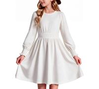 Arshiner Kleid Mädchen Langarm Gesmockte Taille A-Linie Kinder Kleider | Elastische Bündchen; Rundhalsausschnitt; Weicher Baumwollmix; Bequemer Schnitt; Herbstkleid für Schule Alltag; 6-14 Jahren
