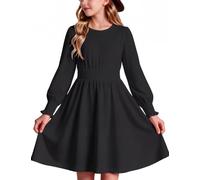 Arshiner Kleid Mädchen Langarm Gesmockte Taille A-Linie Kinder Kleider | Elastische Bündchen; Rundhalsausschnitt; Weicher Baumwollmix; Bequemer Schnitt; Herbstkleid für Schule Alltag; 6-14 Jahren