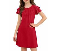 Arshiner Kleider für Mädchen Sommer Plissiertes Gewellte Ärmel Freizeit Festlich Kleid Kinder T-Shirt Kleid Jersey Kleider Kurzarm Rundhals A-Linie Kinderkleider Rot 130 8-9 Jahre