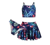 Arshiner Mädchen Bikini Set 3er Sommer Badeanzüge Kinder Dreiteilig Tankini mit Rock Blumendruck Bademode Bikinis für Mädchen 7-8 Jahre