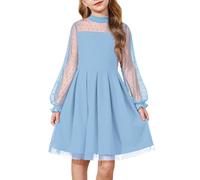 Arshiner Mädchen Kleid Blau Mesh Langarm Partykleid Rundhals Freizeitkleid Einfarbig Kinderkleid A-Linie Midikleid Festlich Kleider für Kinder 6-7 Jahre