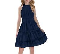 Arshiner Mädchen Kleid Chiffon Neckholder Ärmelloses Partykleid Einfarbig Freizeitkleid Kinderkleid A-Linie Midikleid Festlich Kleider für Kinder Marineblau 140/8-9 Jahre