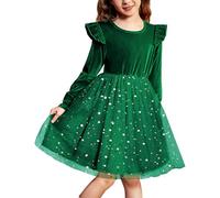 Arshiner Mädchen Kleid Kleinkind Festliches Samtkleid Rundhals Tüllkleid Kinder Rüschen Langarmkleid Grünes Weihnachtskleid Prinzessin Partykleid Abendkleid mit Pailletten 3-4 Jahre