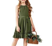 Arshiner Mädchen Kleider Grün Neckholder Mädchenkleid Sommerkleid Rüschensaum Midikleid A-Linie Kinderkleid Freizeitkleid Kinder Lässiges Partykleider Mädchenkleidung mit Gürtel 140/9-10 Jahre