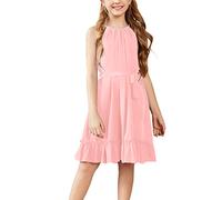 Arshiner Mädchen Kleider Rosa Ärmelloses Sommerkleid Rüschensaum Kinderkleid A-Linie Freizeitkleid Kinder Anmut Partykleider Mode Festlichekleid mit Gürtel 11-12 Jahre